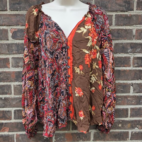 Free People Size Small Brown Red Fall Paisley Floral Peasant Blouse - Picture 7 of 7
